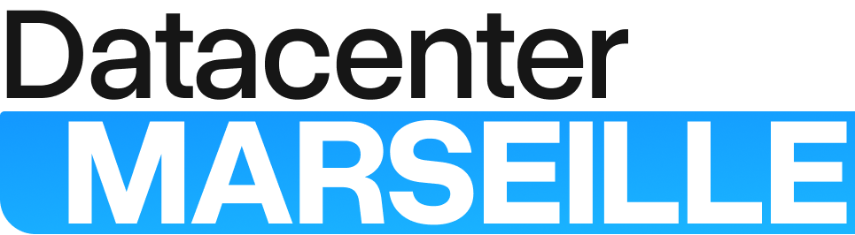 Logo Datacenter Marseille : Dark text 'Datacenter' and 'Marseille' in white on a sky blue background